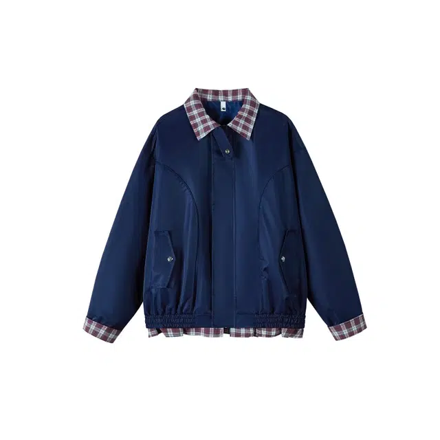 欧路得 欧路得 美式格纹撞色假两件秋季设计感翻领外套宽松百搭工装上衣夹克 男款