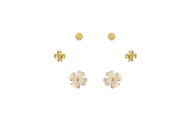 牧言 福牌四叶草 复古新中式气质优雅小众浪漫高级感 福字圆牌爱心幸运草小巧三件套耳饰套装 日常约会 合金 耳钉 女款