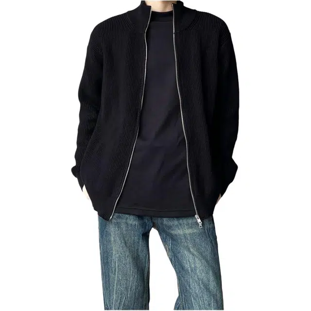 北欧攻略 秋冬韩系慵懒风高级感双拉链立领开衫外套上衣针织衫 男女同款