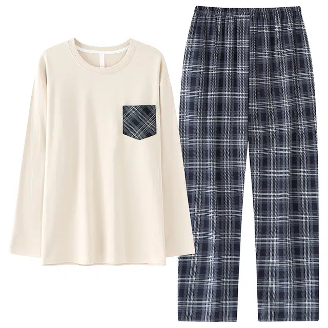 俏佳人 纯棉套头圆领休闲宽松可外穿家居服纯色格子柔软亲肤舒适透气长袖长裤睡衣套装 男款
