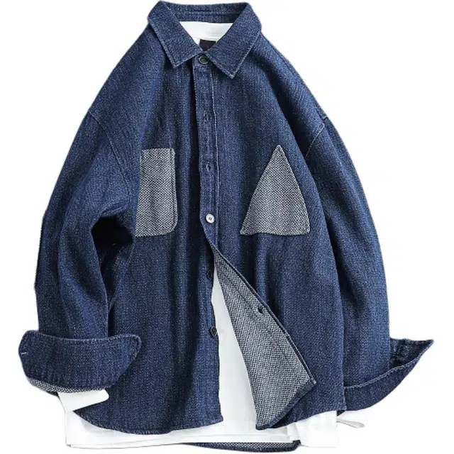 宫奴 日系复古潮牌水洗做旧贴布宽松休闲牛仔衬衫 男女同款