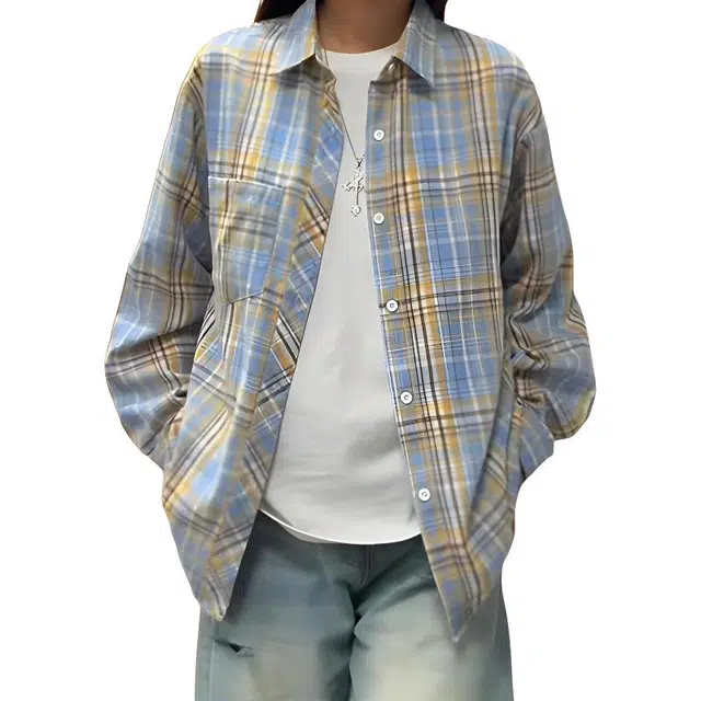 黑马漫画 格子翻领宽松舒适百搭长袖衬衫 男女同款