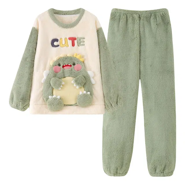 俏霓桐 卡通可爱恐龙居家学生时尚宿舍加厚加绒家居服可外穿睡衣套装 女款