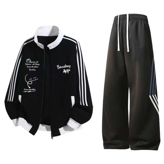 吾皇猫 学院风高街复古三条杠条纹基础款春秋款舒适透气简约百搭时尚字母印花拼色长袖开衫卫衣外套直筒长裤秋季休闲运动套装 男女同款