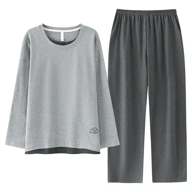 俏佳人 纯棉套头圆领休闲宽松可外穿家居服拼色柔软亲肤舒适透气长袖长裤睡衣套装 男款