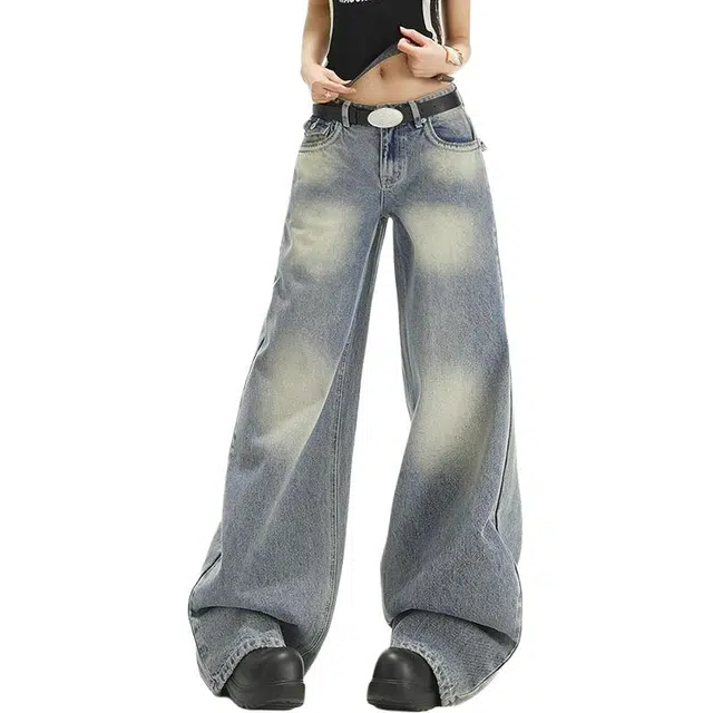 如续 美式复古水洗直筒百搭长裤潮流个性宽松阔腿垂感拖地牛仔裤 女款