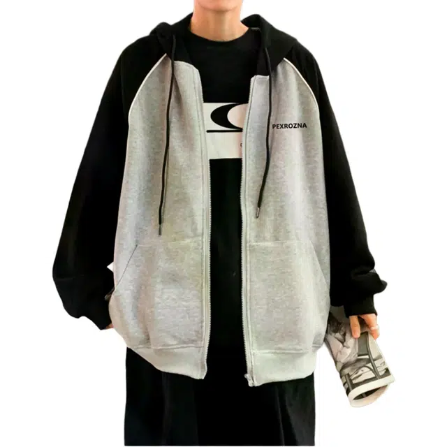 地界二 日系复古插肩袖开衫男生春秋季潮流简约宽松休闲运动连帽外套夹克 男款