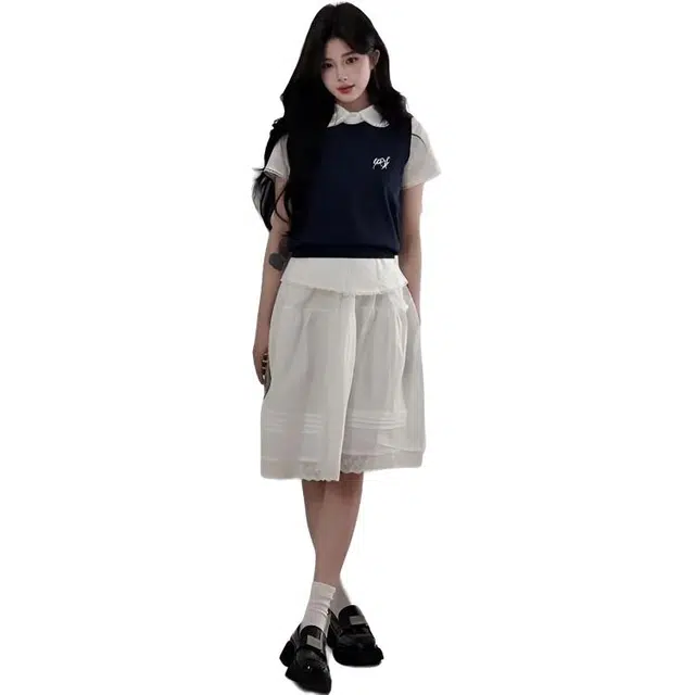 邓大喵 甜美学院风三件套穿搭短袖衬衫+马甲背心+高腰半身裙裙装套装 女款