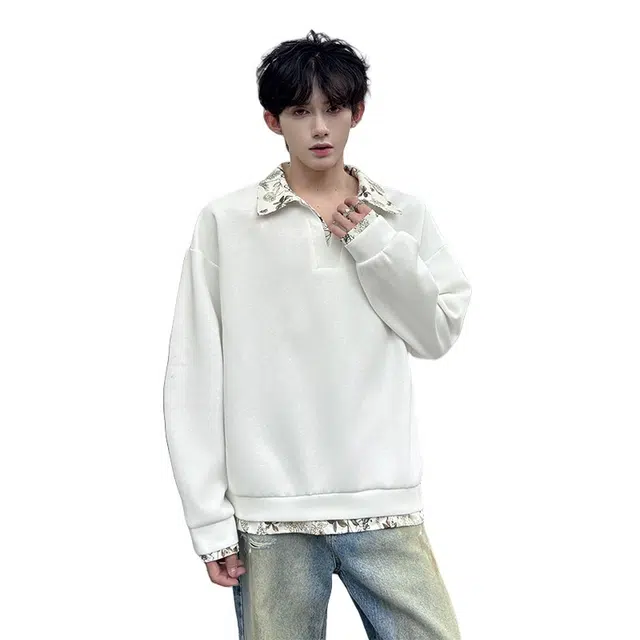 加荣 老钱风假两件花卉拼接衬衫卫衣男款设计感高级美式复古翻领衬衣男装潮牌打底衫痞帅外套男宽松慵懒风休闲长袖上衣 男女同款