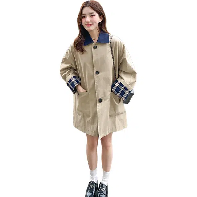 袋鼠 英伦风减龄小个子宽松格纹拼接中长款外套风衣 女款