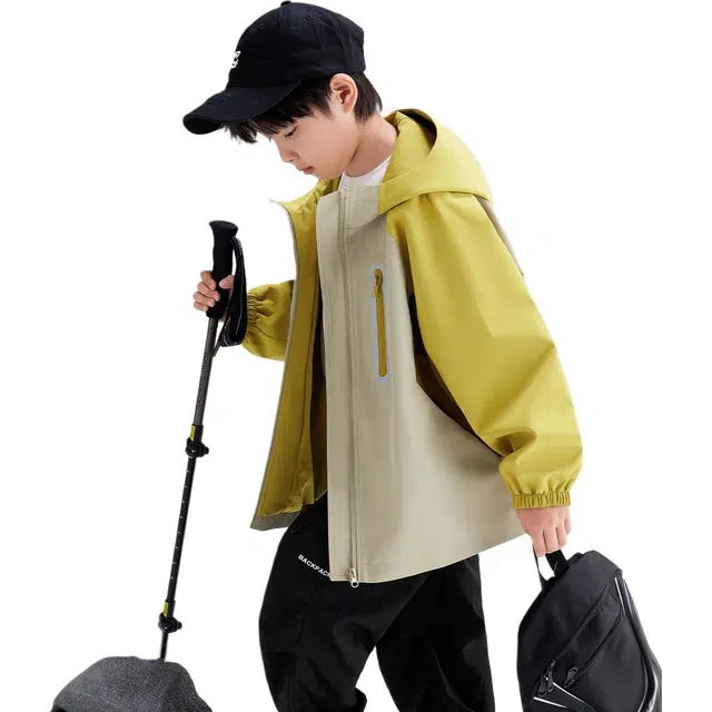 左西冲锋衣 防风防水户外软壳上衣 反光条设计 拼色长袖连帽宽松防风外套 儿童款