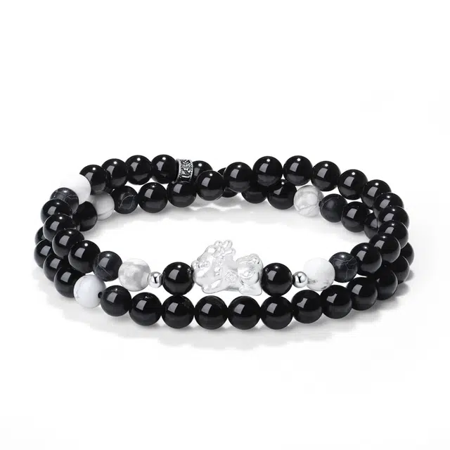 【足银|八方来财】 银千惠 新中式情缘貔貅福牌转运手饰国风国潮纯银吞金兽吸金纳福一对可调节双层叠戴#好运 黑曜石 手串 男女同款情侣款