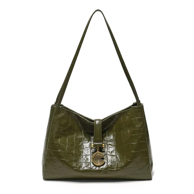 西木汀 好久不见 小众设计高级感通勤百搭简约大容量托特包 牛头层革 单肩包 常规 女款 橄榄绿/深邃黑