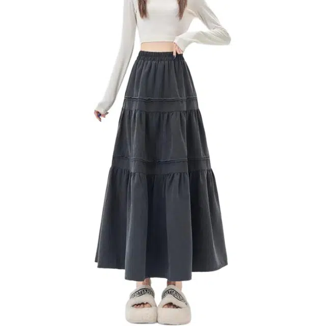 淑好百 压褶拼接中长款蓬蓬裙宽松型休闲长裙 女款