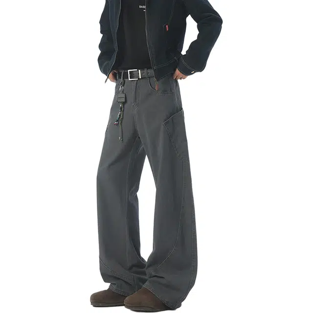 瑞梵帝斯 秋季美式复古高街水洗做旧解构线条拼接设计显高显瘦个性工装大口袋宽松百搭纯棉舒适直筒时尚休闲裤 男款