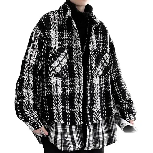 马员外 时尚都市小香风编织拼接格子夹克外套 男款
