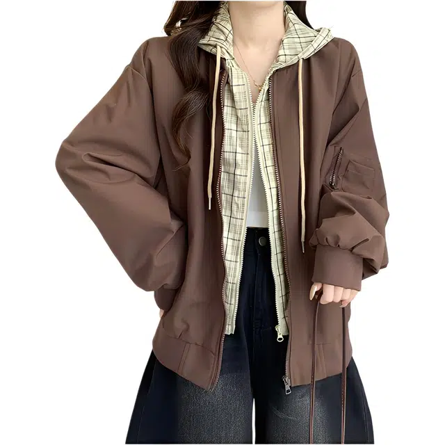 荟萃阁 设计感格子拼接连帽假两件洋气百搭宽松遮肚外套夹克 女款