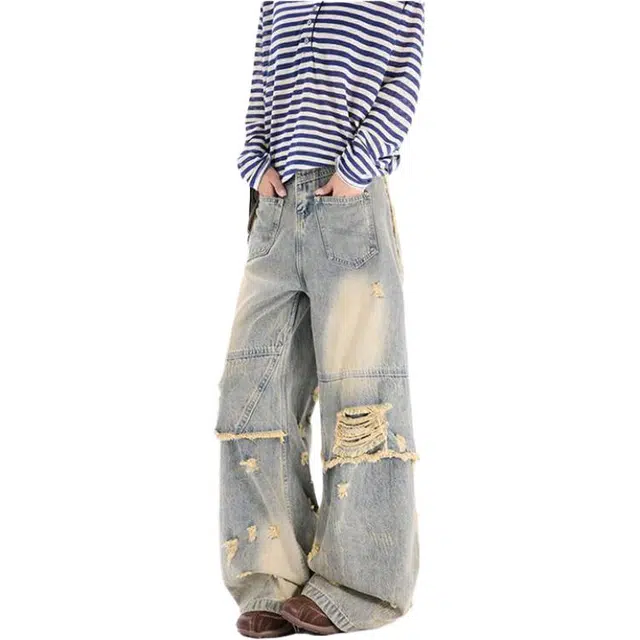 马员外 嘻哈美式休闲水洗破洞宽松时尚都市高街牛仔裤 男款