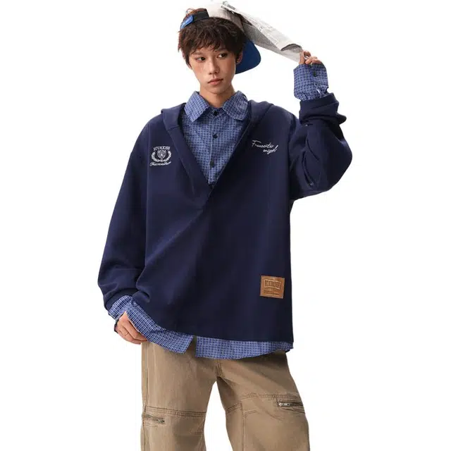 行更远 格纹衬衫拼接假两件连帽季学院风宽松休闲百搭情侣上衣卫衣 男女同款