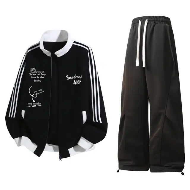 吾皇猫 学院风美式复古三条杠条纹字母印花春秋潮流基础款舒适透气简约百搭时尚拼色长袖开衫卫衣外套直筒长裤秋季休闲运动套装 男女同款