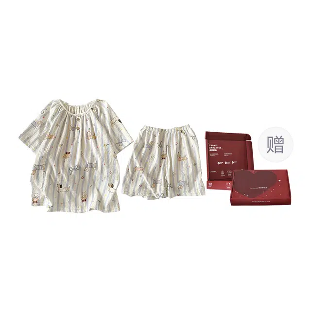 静英鸾 夏季女简约舒适透气宽松款式圆领设计条纹家居服睡衣礼盒 女款