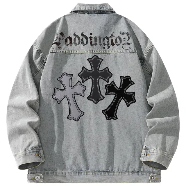 帕丁顿熊 美式复古哥特十字架刺绣学院风日系单排扣水洗基础款简约工装大口袋宽松休闲百搭翻领长袖夹克牛仔外套 男女同款