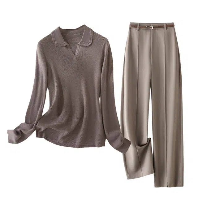 潞优野 舒适亲肤羊毛针织衫女秋季软糯挑孔内搭修身上衣休闲套装 女款