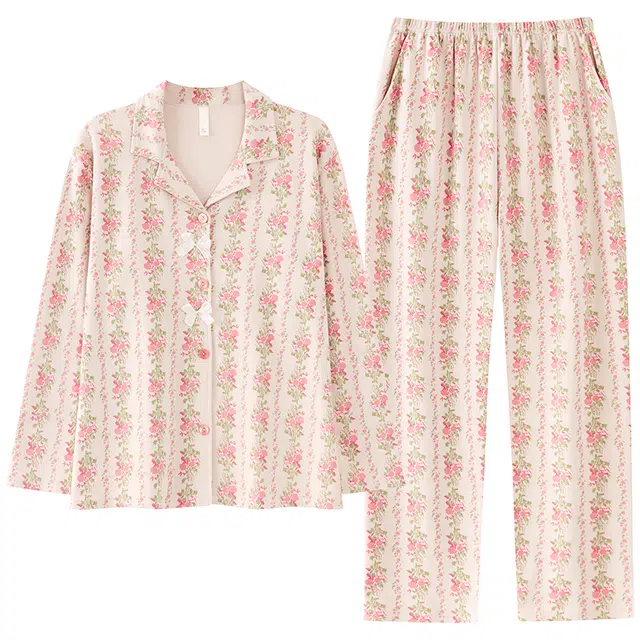 俏佳人 纯棉开衫翻领休闲宽松家居服花卉图案柔软亲肤舒适透气长袖长裤睡衣套装 女款