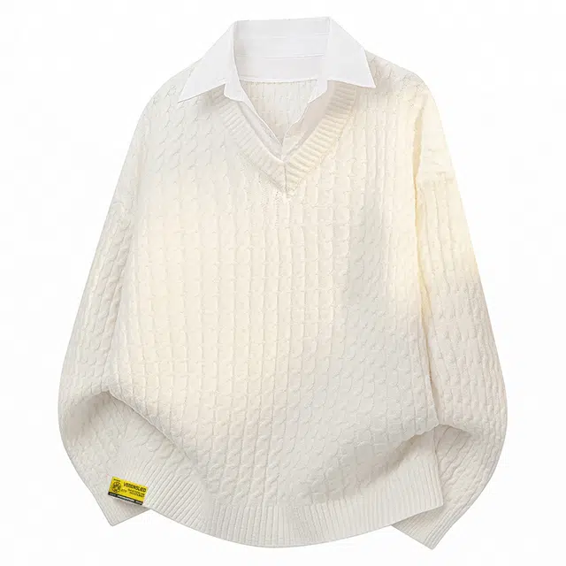 普鲁士多特蒙德 美式复古纯色简约翻领假两件麻花编织慵懒风宽松百搭日常运动休闲时尚潮流长袖套头针织衫 男女同款