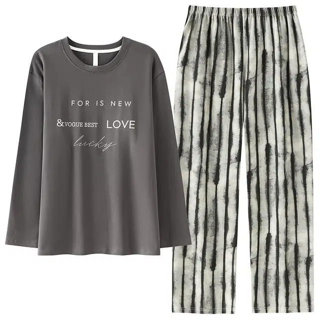 俏佳人 纯棉套头圆领休闲宽松可外穿家居服复古条纹字母柔软亲肤舒适透气长袖长裤睡衣套装 男款