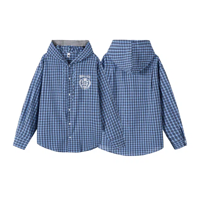 欧路得 欧路得 蓝格纹徽章印花连帽男女秋季拼接撞色长袖宽松廓形开衫外套潮衬衫 男款