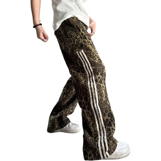一碗士多 美式高街百搭复古街头设计感时尚个性痞帅垂感拖地阔腿直筒日常通勤户外运动豹纹三条杠休闲裤 男女同款