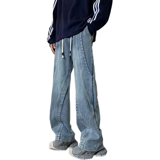 一碗士多 美式复古高街水洗拼接做旧小众百搭设计感系带松紧腰阔腿直筒宽松日常通勤运动个性时尚基础款牛仔裤 男女同款