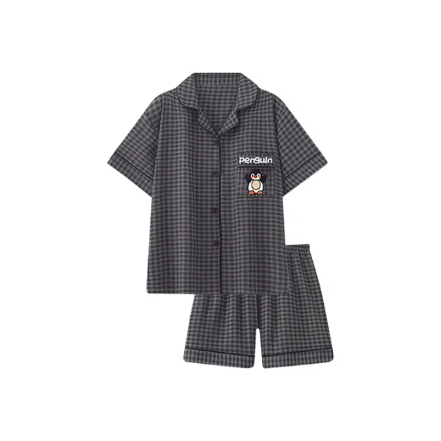 静英鸾 夏季男简约透气舒适格子卡通企鹅图案家居服睡衣套装 男款