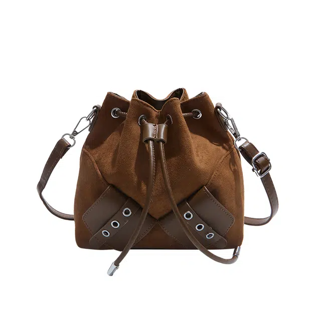 三只小鸭 个性简约斜挎水桶包韩版蝴蝶结时尚抽绳拼接 麂皮 单肩包 女款 多色