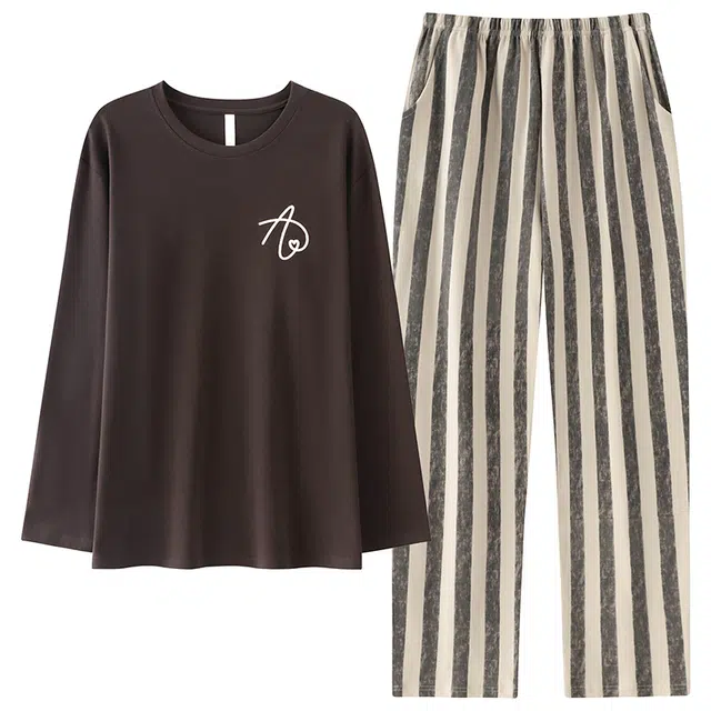 俏佳人 纯棉套头圆领休闲宽松可外穿家居服纯色复古条纹柔软亲肤舒适透气长袖长裤睡衣套装 男款