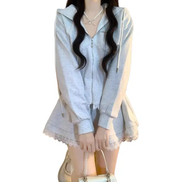 小卷要加油 学院风休闲女秋季收腰显瘦连帽卫衣高腰花边半身裙两件套裙装套装 女款