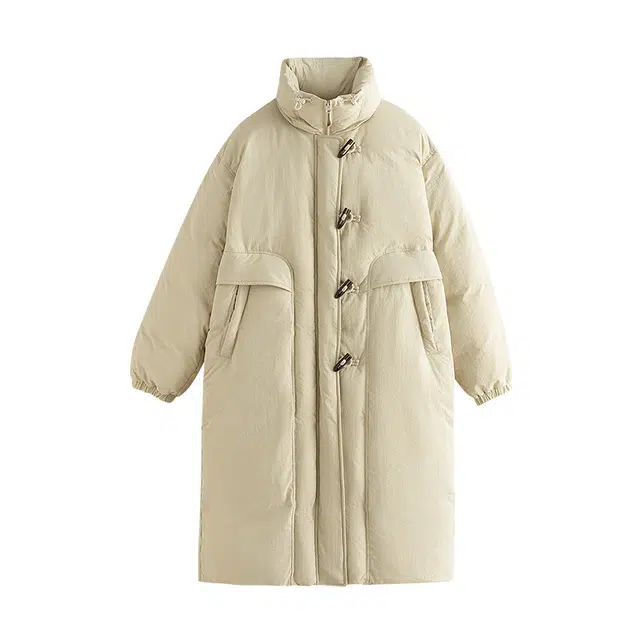 茵曼 休闲抽绳立领牛角扣长款加厚保暖外套羽绒服 女款