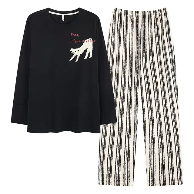 俏霓桐 可爱卡通简约条纹纯棉亲肤圆领休闲舒适百搭长袖长裤家居服可外穿睡衣套装 男款