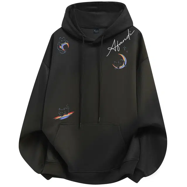 华棉重磅阿凡迪 美式高街基础款潮牌字母高级感签名卡通动物萌趣猫咪彩色印花校园休闲简约通勤百搭无性别个性穿搭宽松连帽卫衣 男女同款