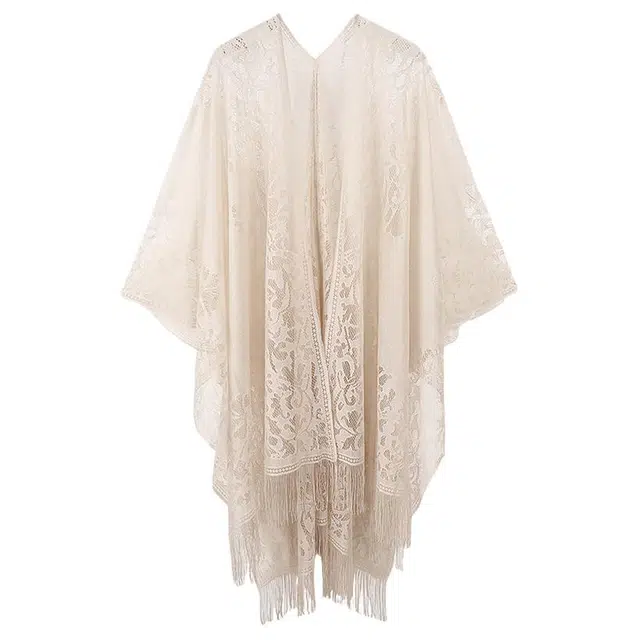 优幽兰 时尚百搭米色镂空流苏配旗袍披风外搭薄款超仙气质斗篷古风高级感开衫防晒衫 蕾丝 披肩 女款