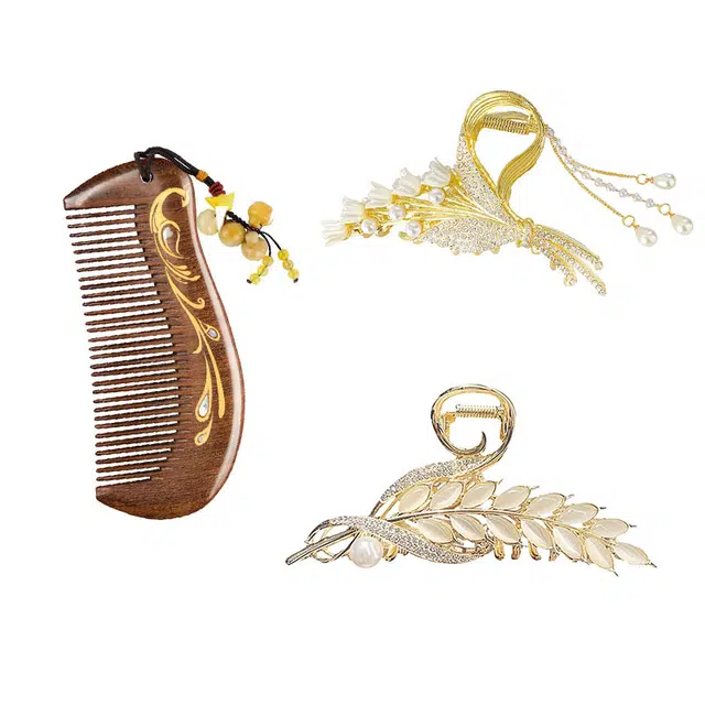 妖娆猫 高端鲨鱼夹檀发饰梳子套装高级感檀木梳三件套时尚百搭头饰梳子礼盒#好运 合金 发夹 女款