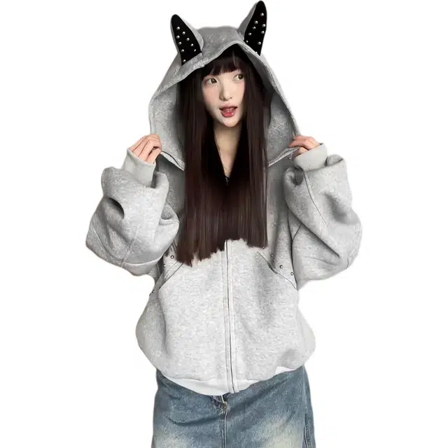 华夏儿女 美式重磅高品质高棉含量创意小珍珠连帽杜宾犬耳朵铆钉甜酷小众设计感卫衣 男女同款