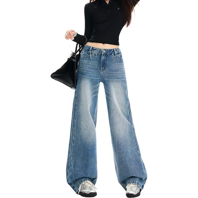 如续 怀旧蓝美式不规则腰头阔腿简约直筒拖地牛仔裤 女款