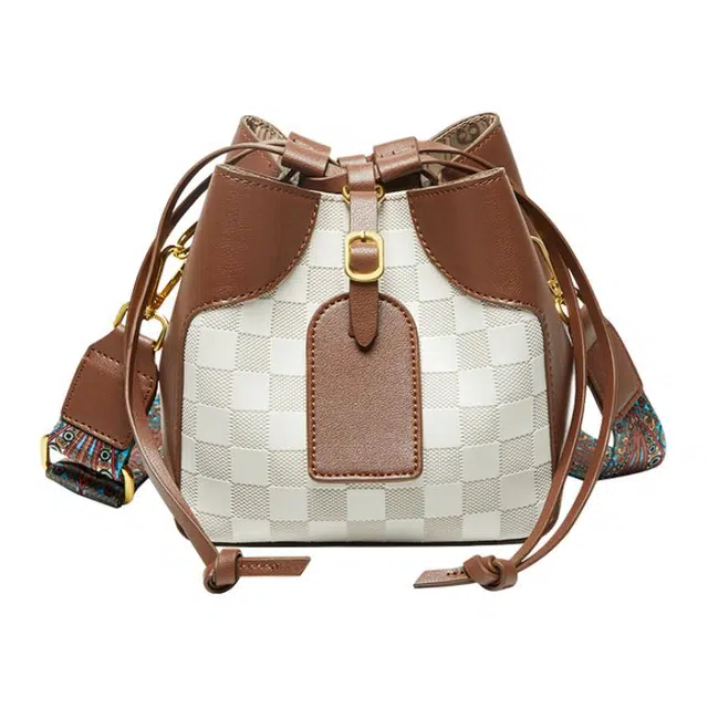 纳兰杜 大容量休闲简约设计抽绳开合 牛皮 水桶包手提单肩包 中号 女款 米白配棕