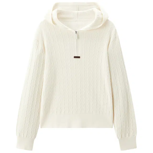 太平鸟 简约设计舒适休闲绞花半开襟连帽短款针织衫 女款