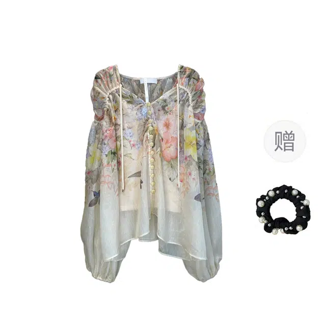 雾闪闪 威尼曼莎法式宫廷宽松植物花卉灯笼袖小衫长袖上衣衬衫 女款