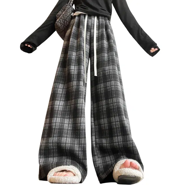 稻草人 美式复古甜酷显瘦百搭撞色格子简约基础款经典慵懒松弛感潮流时尚阔腿宽松运动松紧系带垂感学院风高腰直筒拖地秋季休闲裤  女款