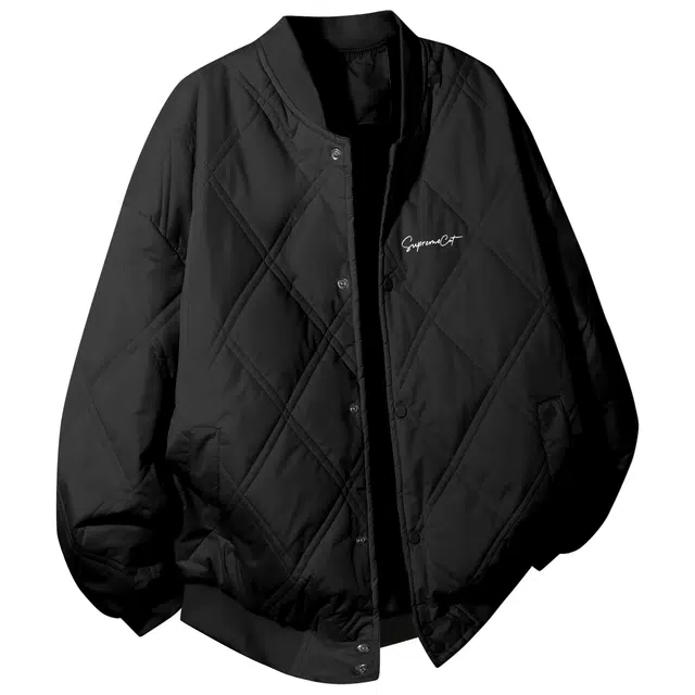 吾皇猫 学院风美式复古菱形格子设计简约字母印花宽松舒适透气棒球领单排扣百搭加绒加厚保暖秋冬季棉衣棉服休闲飞行员夹克外套 男女同款