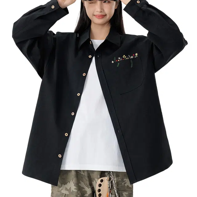 冈哉 美式复古高街花卉刺绣立体裁片翻领设计日系重磅情侣款通勤时尚休闲长袖衬衫 男女同款